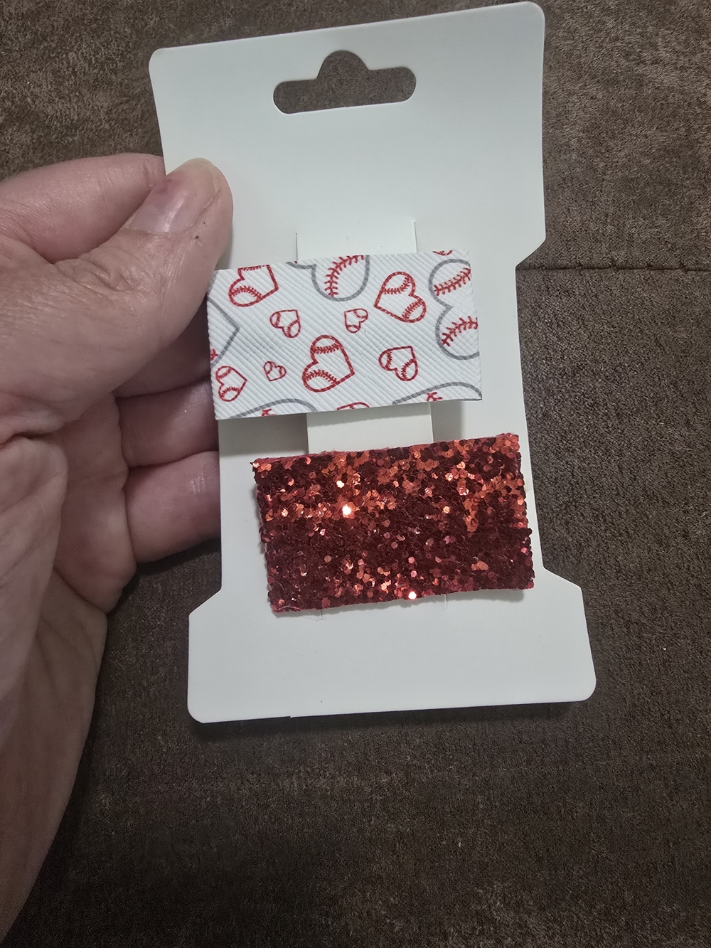 Kids Red Glitter Hair Clip Set - Heart & Baseball Print